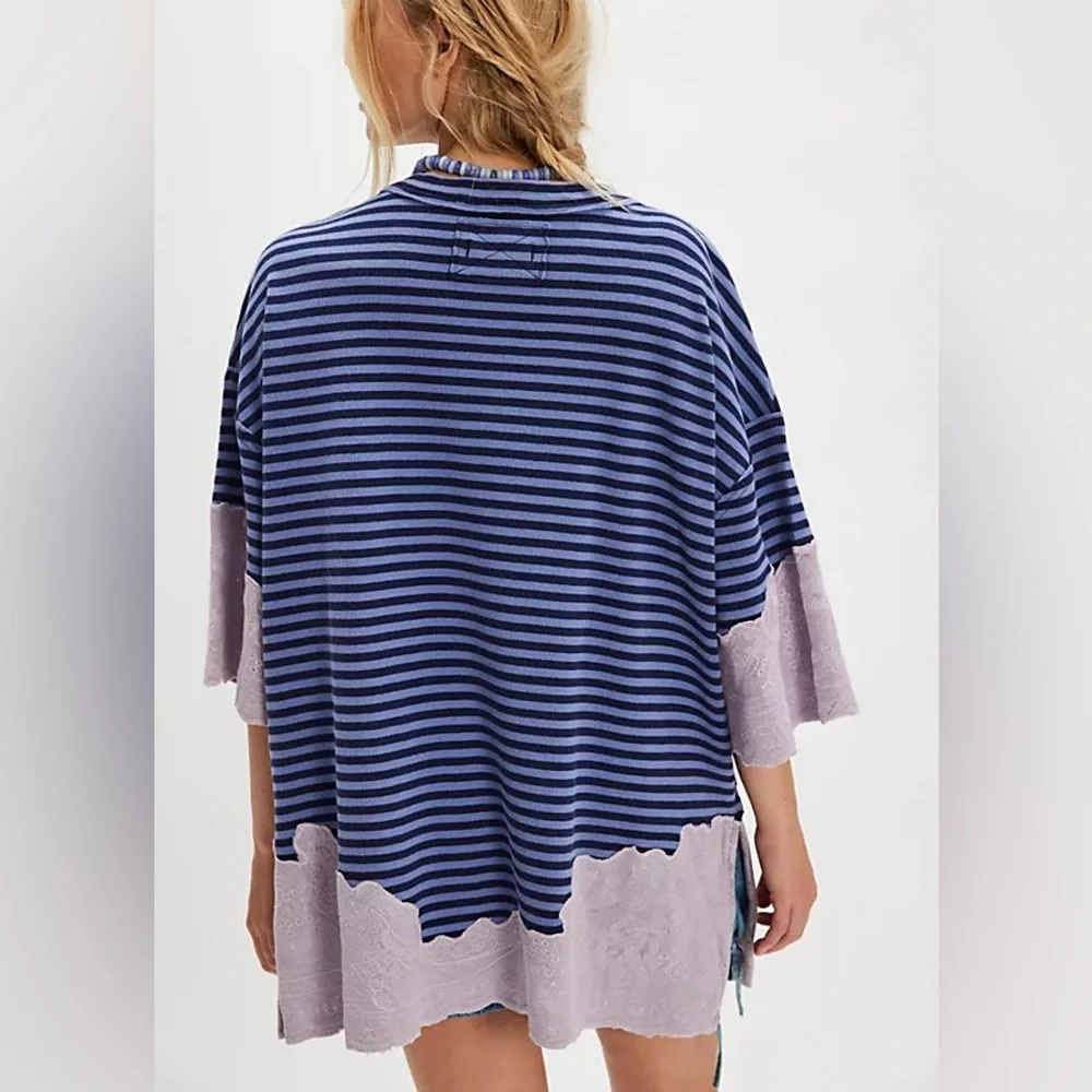 FREE PEOPLE Oversized Striped Lace Top NWT Navy Blue Periwinkle Lavender